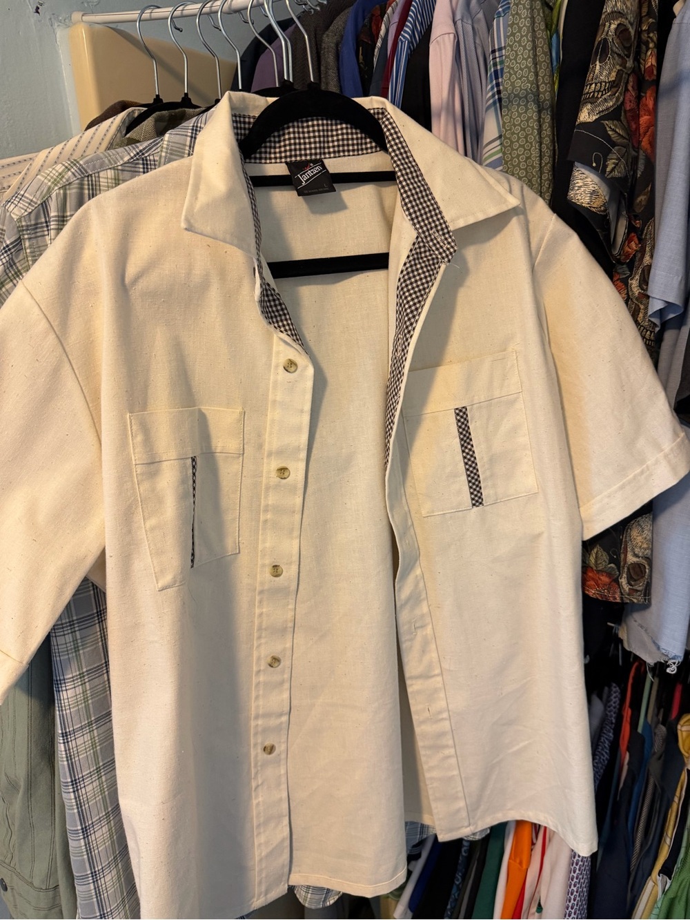 Jantzen Cream Short-Sleeve Button-Down Shirt with Checked Trim